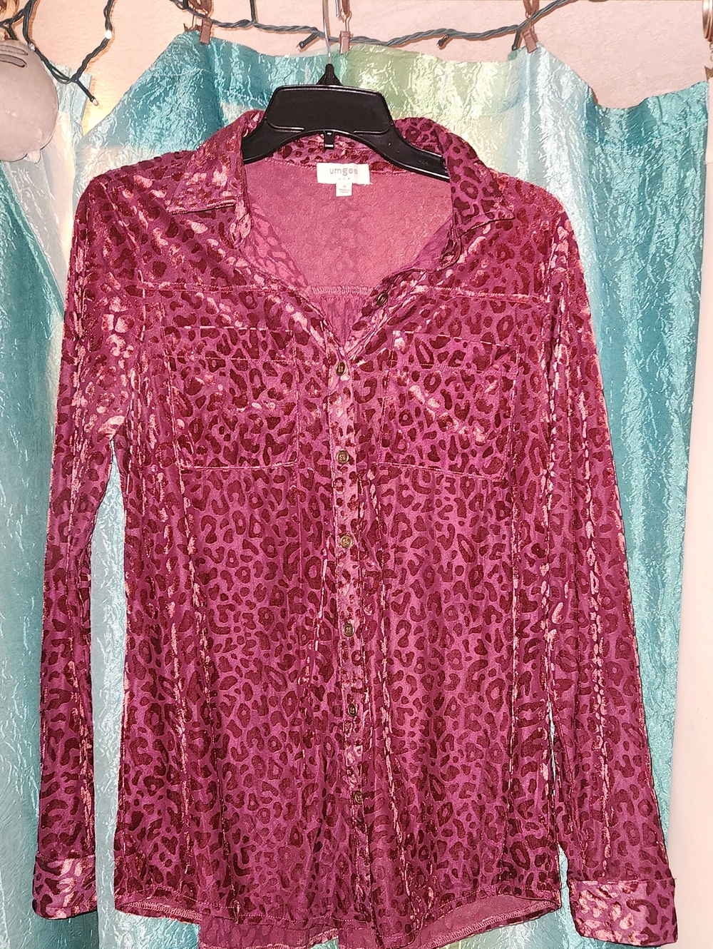 Umgee Velvet Burnout Top  Button up Leopard Print Long Sleeve Wine Mob Wife